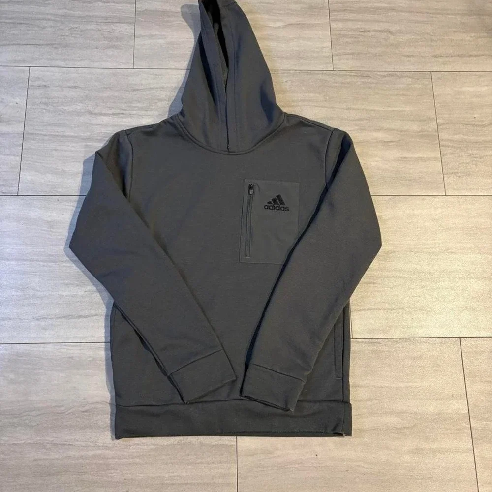 Adidas Mens Gray Fleece Pullover Hoodie Zippered Chest Pocket Sporty Small
